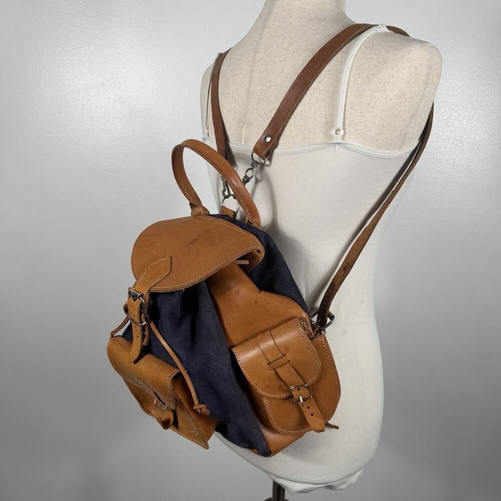Vintage Leather & Navy Suede Backpack Rucksack Multi Pocket Boho Hiking Bag